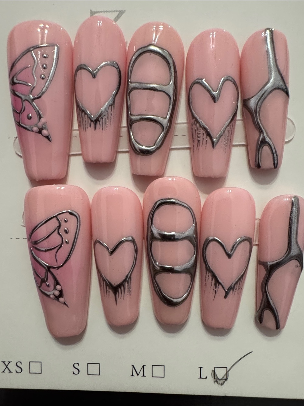 Glossy Pink Press-On Nails with Silver Metallic Heart & Abstract Lines